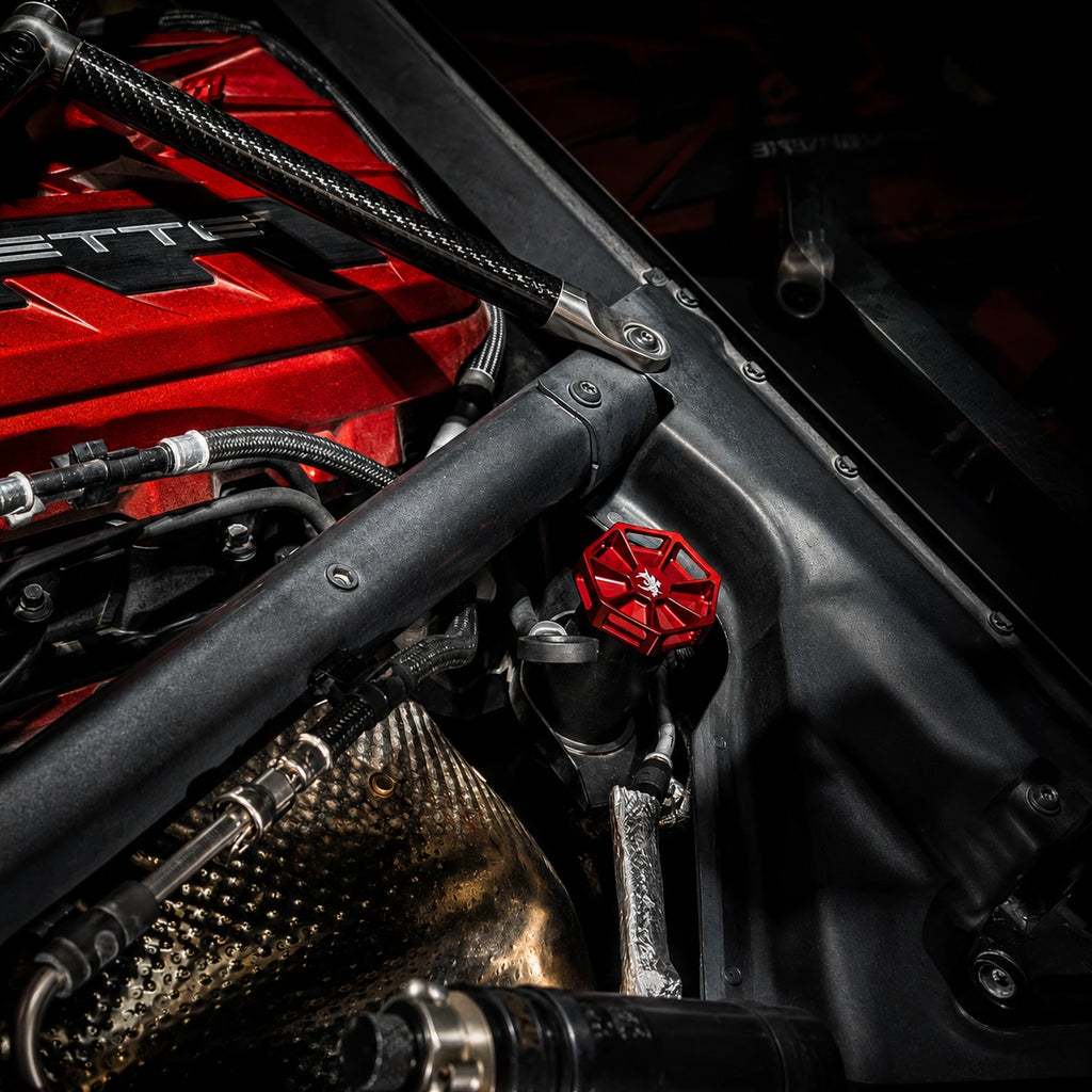 AMT Overkill billet oil cap installed beside red LT2 engine cover in C8 Corvette