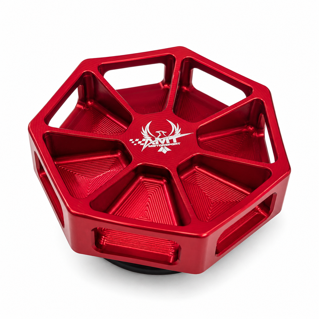 Top view of seven-sided AMT Motorsport Overkill C8 Corvette oil cap