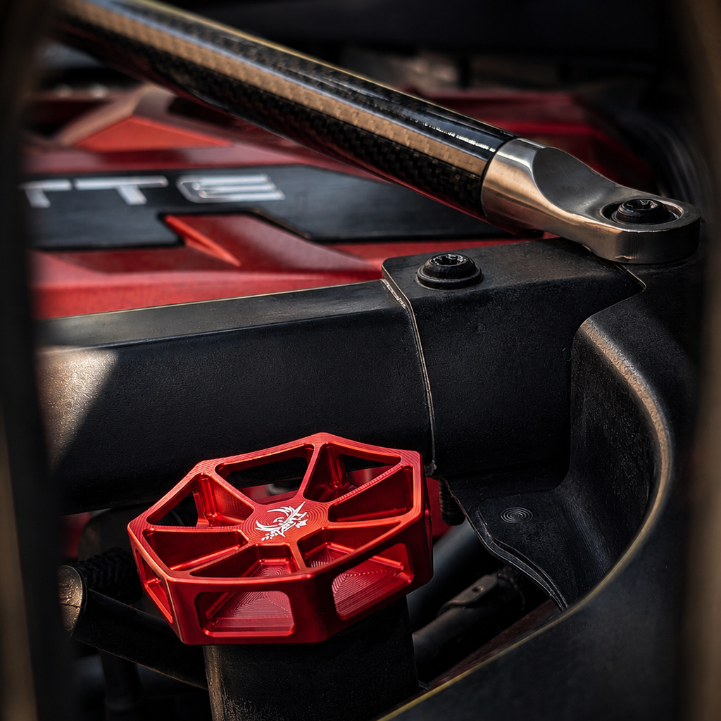 Red AMT Motorsport Overkill oil cap installed in C8 Corvette engine bay