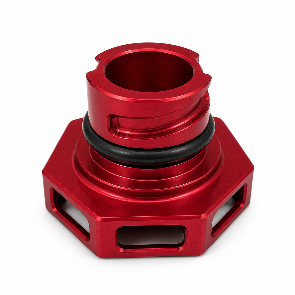 Underside of AMT Motorsport Overkill C8 oil cap showing machined locking geometry and O-ring