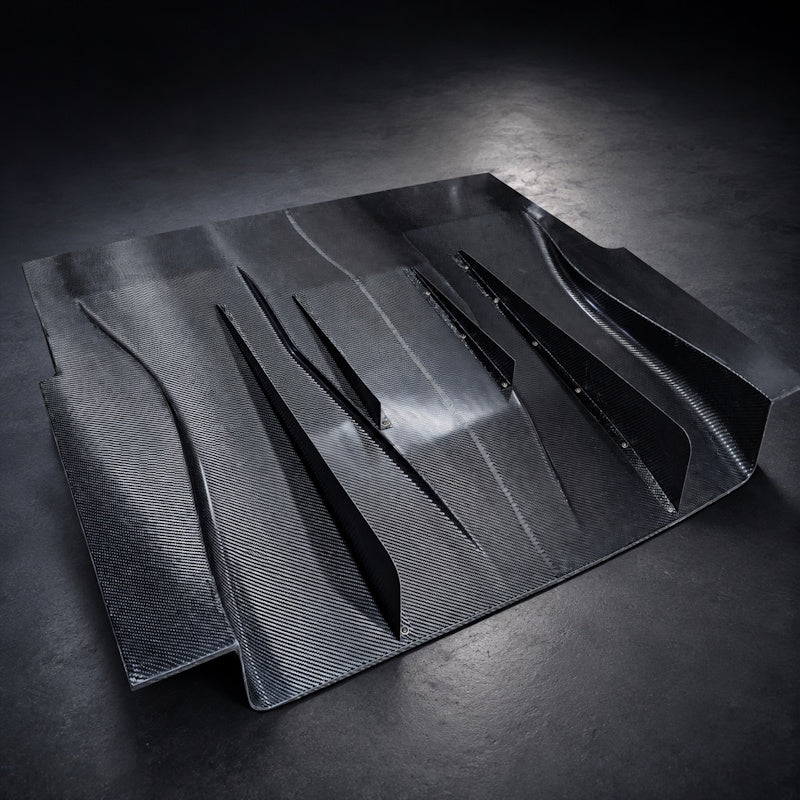 Underside view of the C8 Corvette Zebulon carbon-fiber diffuser