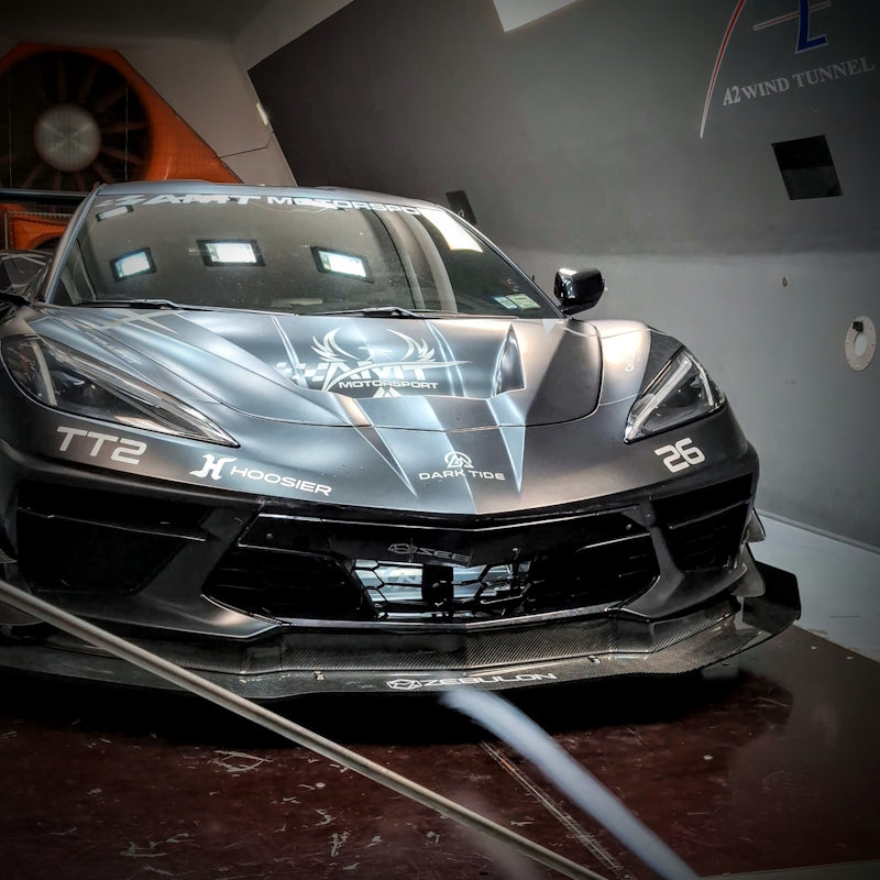 AMT Motorsport C8 Corvette with the Zebulon Splitter undergoing A2 Wind Tunnel testing